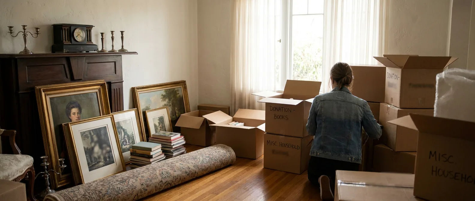 Sunlit living room with framed paintings, mantel clock, silver pieces, stacked books, and rolled rug arranged beside labeled donation boxes