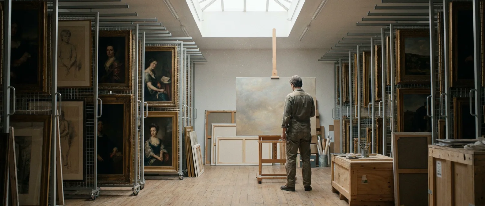 Framed paintings on mobile storage racks and canvas on easel in gallery storage room with skylight