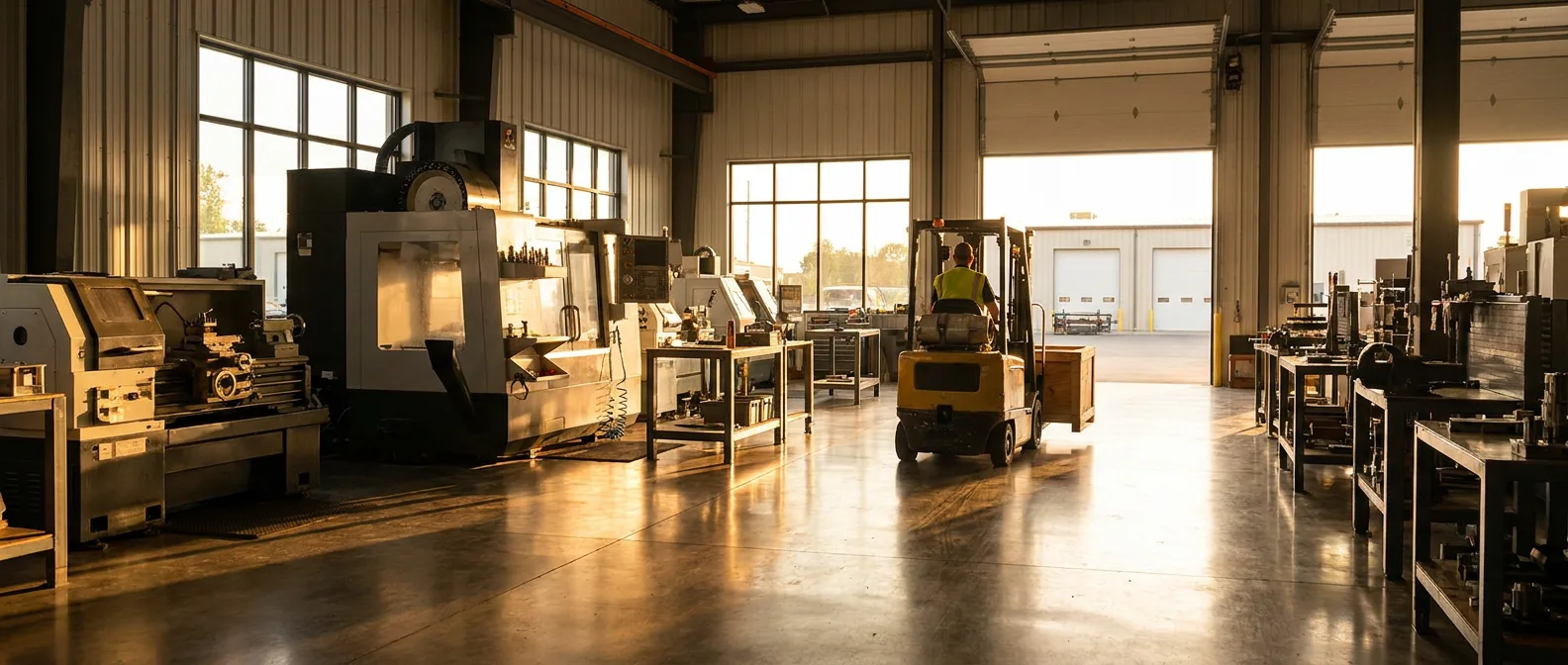Forklift moving crated machinery through machine shop bay doors at sunset