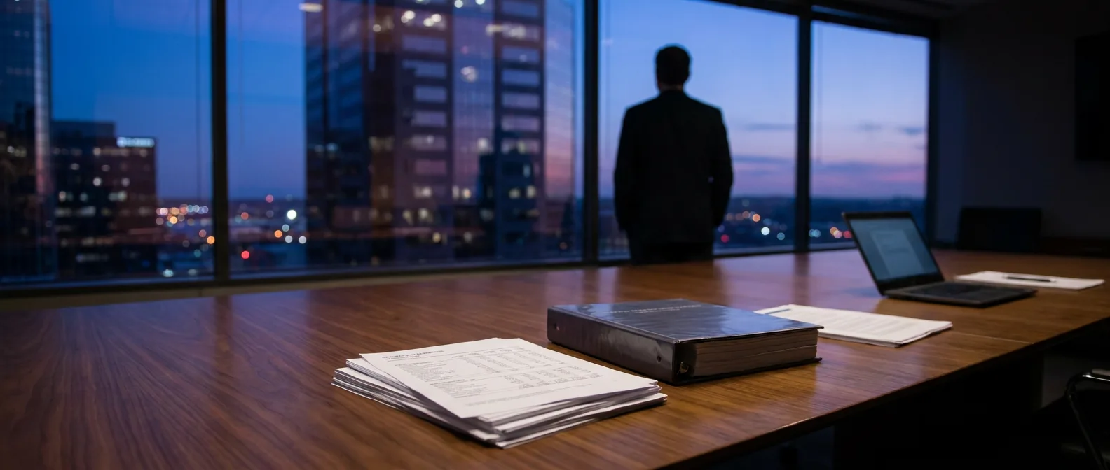 Boardroom desk at dusk with financial documents, valuation report, and laptop, city lights visible through window
