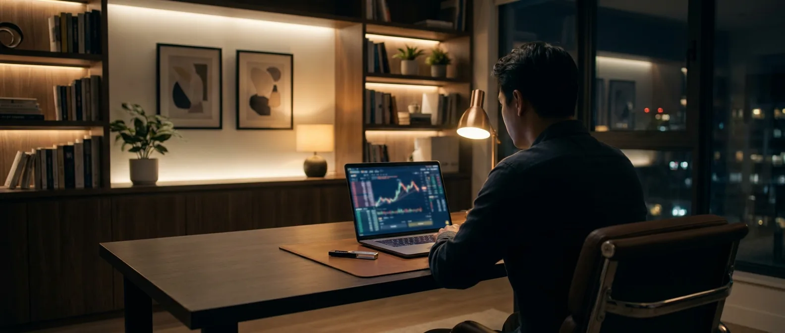 Hardware wallet and laptop displaying price charts on a desk in a modern home office at night with soft lamp lighting
