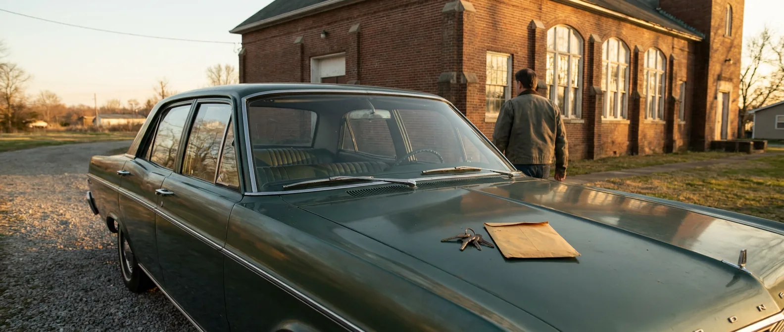 Classic sedan parked at community center entrance during golden hour with car keys and title envelope on hood