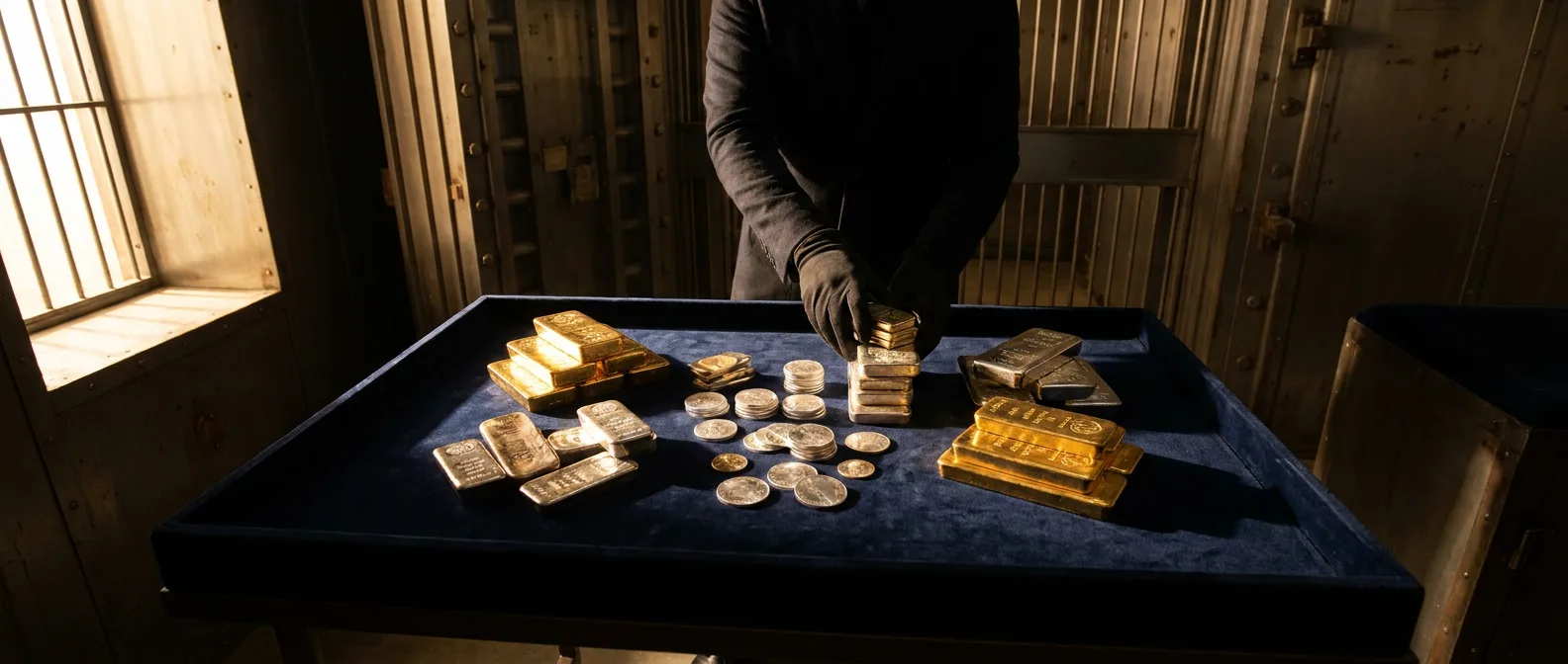 Gold and silver bullion bars and coins arranged on dark velvet in a vault, lit by dramatic side lighting