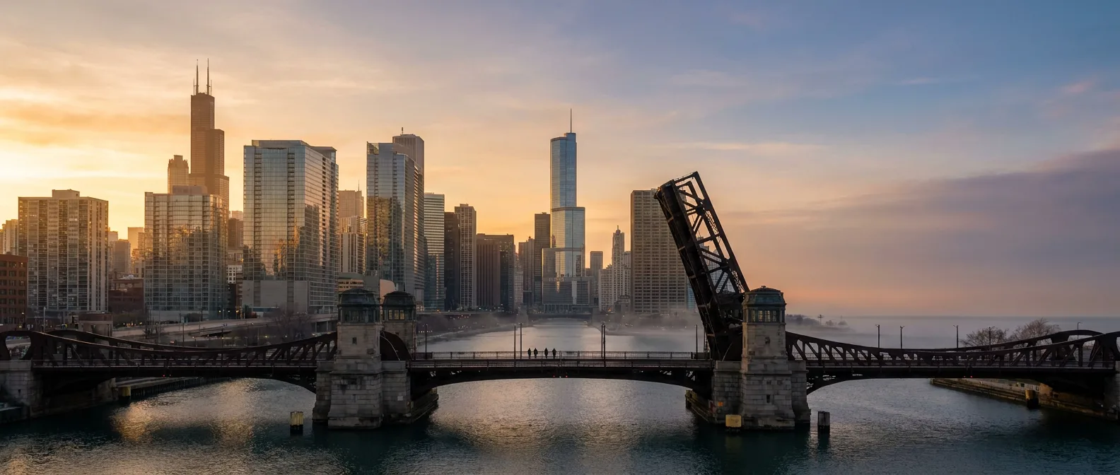 Chicago skyline at sunset across Lake Michigan with river bridges in foreground