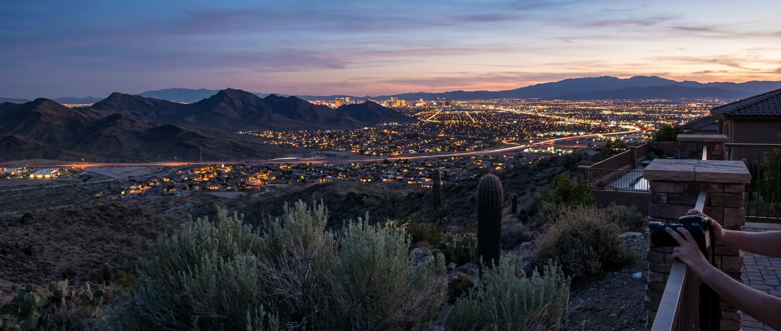Las Vegas valley cityscape at dusk with silhouetted desert mountains and glittering lights from residential hillside
