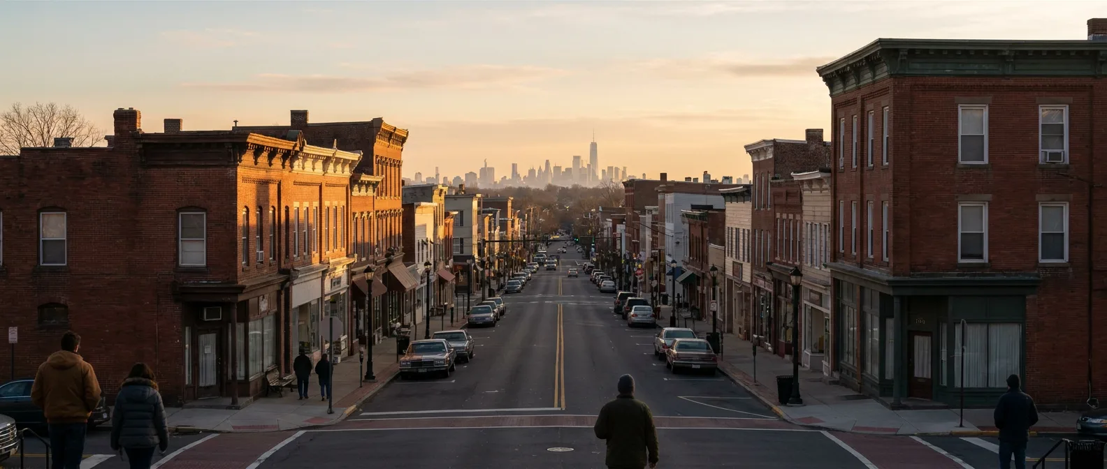 New Jersey main street with brick storefronts at sunset, Manhattan skyline visible in distance