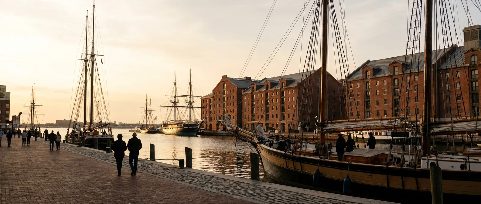 Baltimore Inner Harbor waterfront with historic brick buildings and moored ships at sunset