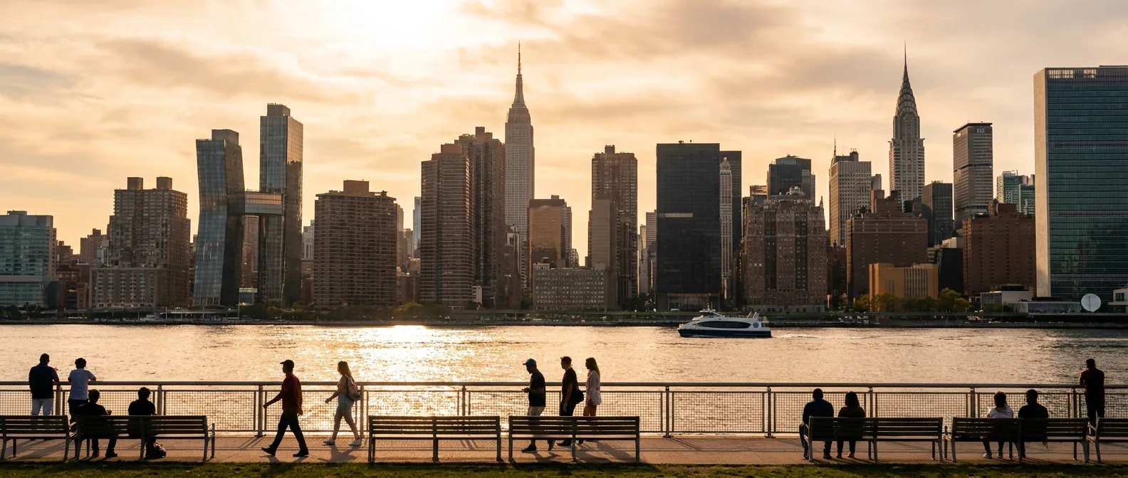 Manhattan skyline at golden hour viewed from East River with warm sunlight