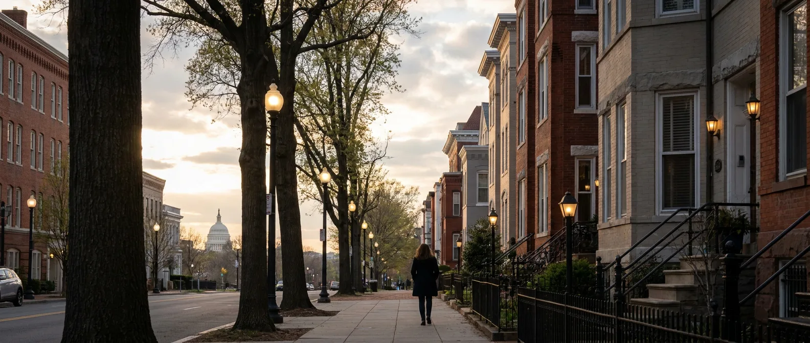 Washington DC rowhouses on tree-lined street with Capitol dome visible in distance at sunset