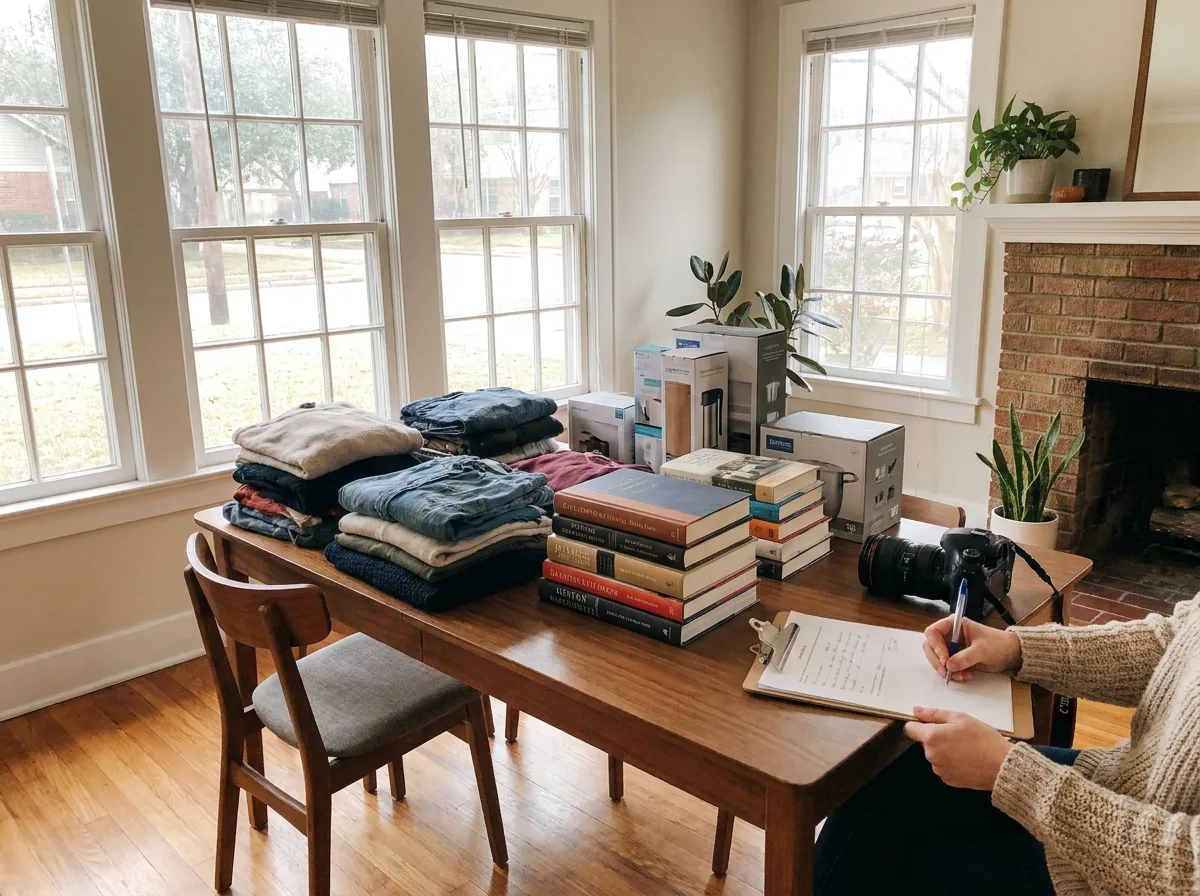 Neatly organized clothing, books, and household items on a table with clipboard and camera for documentation