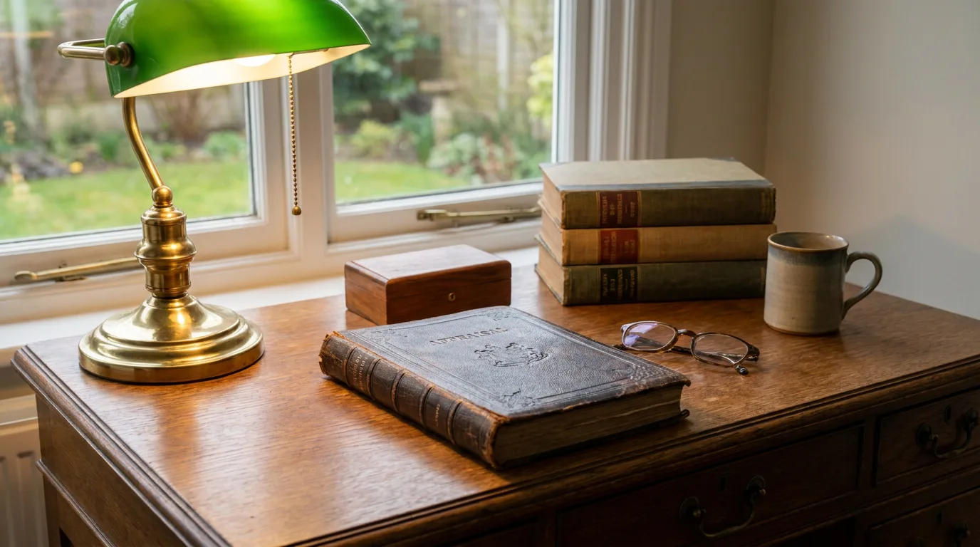 Wooden desk with bound appraisal report, stacked books, and desk lamp with warm lighting