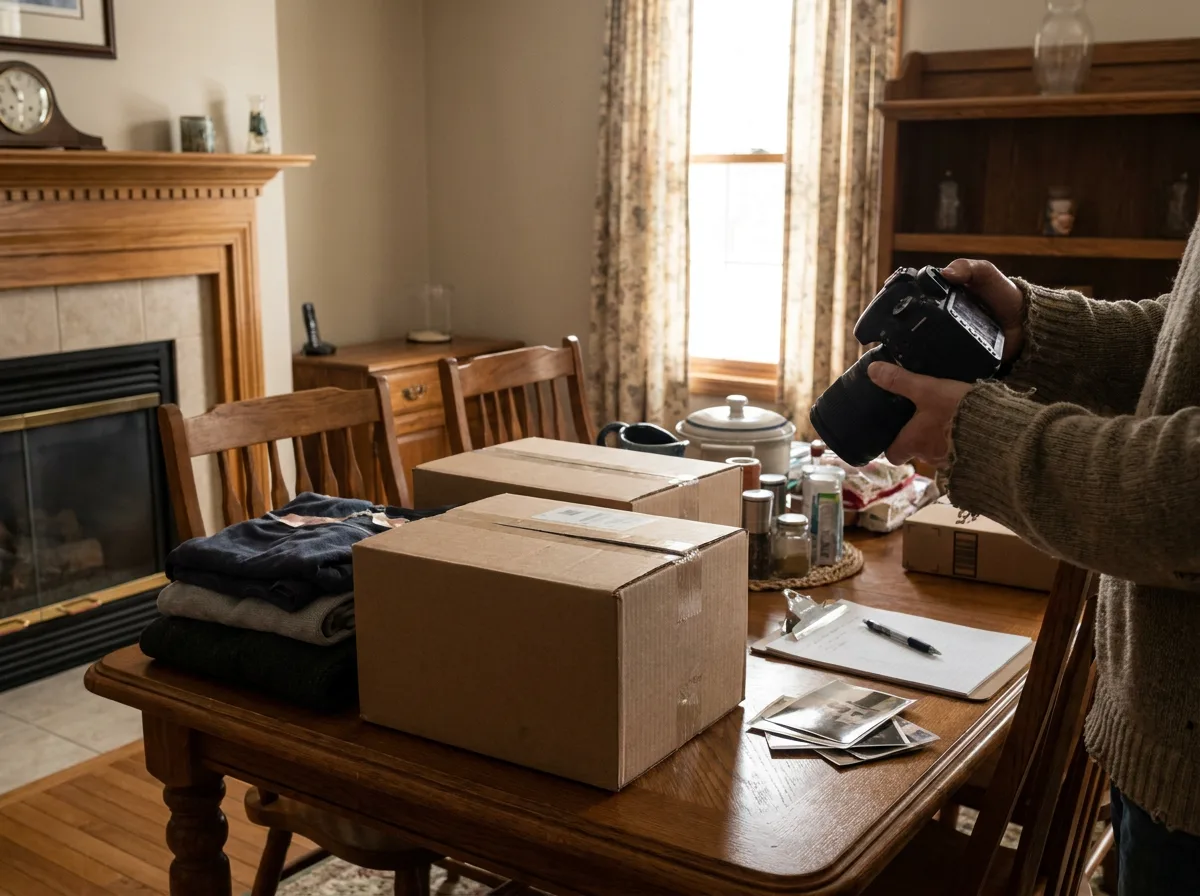 Person's hands photographing stacked boxes of household items and clothing on a table with clipboard for donation documentation