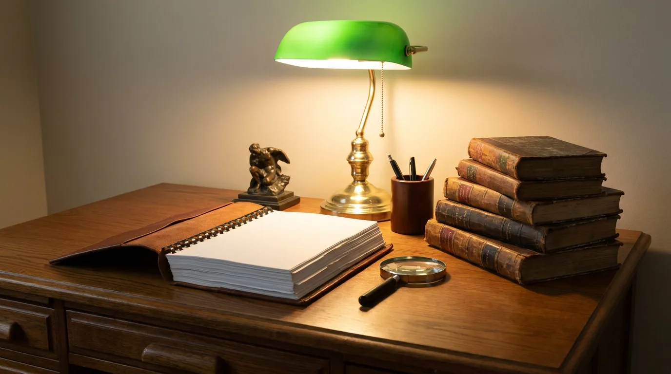 Appraiser's desk with bound report and reference books under desk lamp