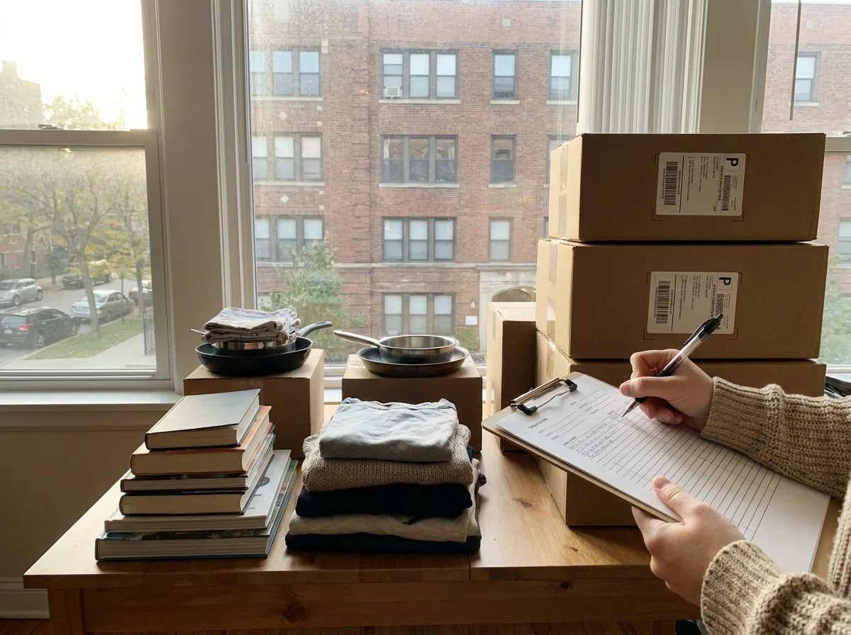 Hand holding clipboard documenting boxes and household items on table for charitable donation