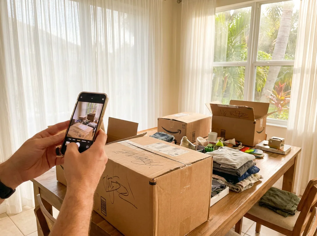 Hands photographing boxed household items and clothing on a table in sunlit Florida living room