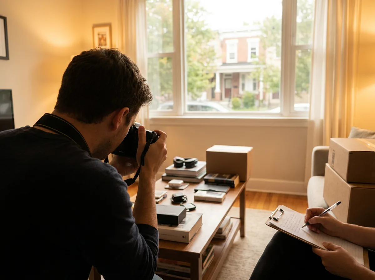 Person cataloging household items and boxes on a table with camera and clipboard in a DC living room