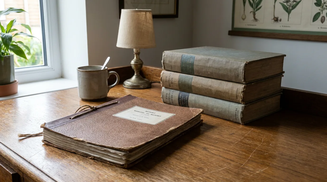 Wooden desk with bound appraisal report and stacked reference books in warm lighting