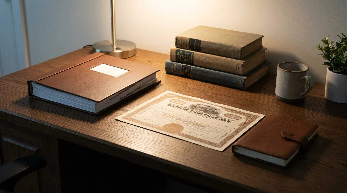 Wooden desk with closed bound report, stacked reference books, and stock certificate under warm lighting