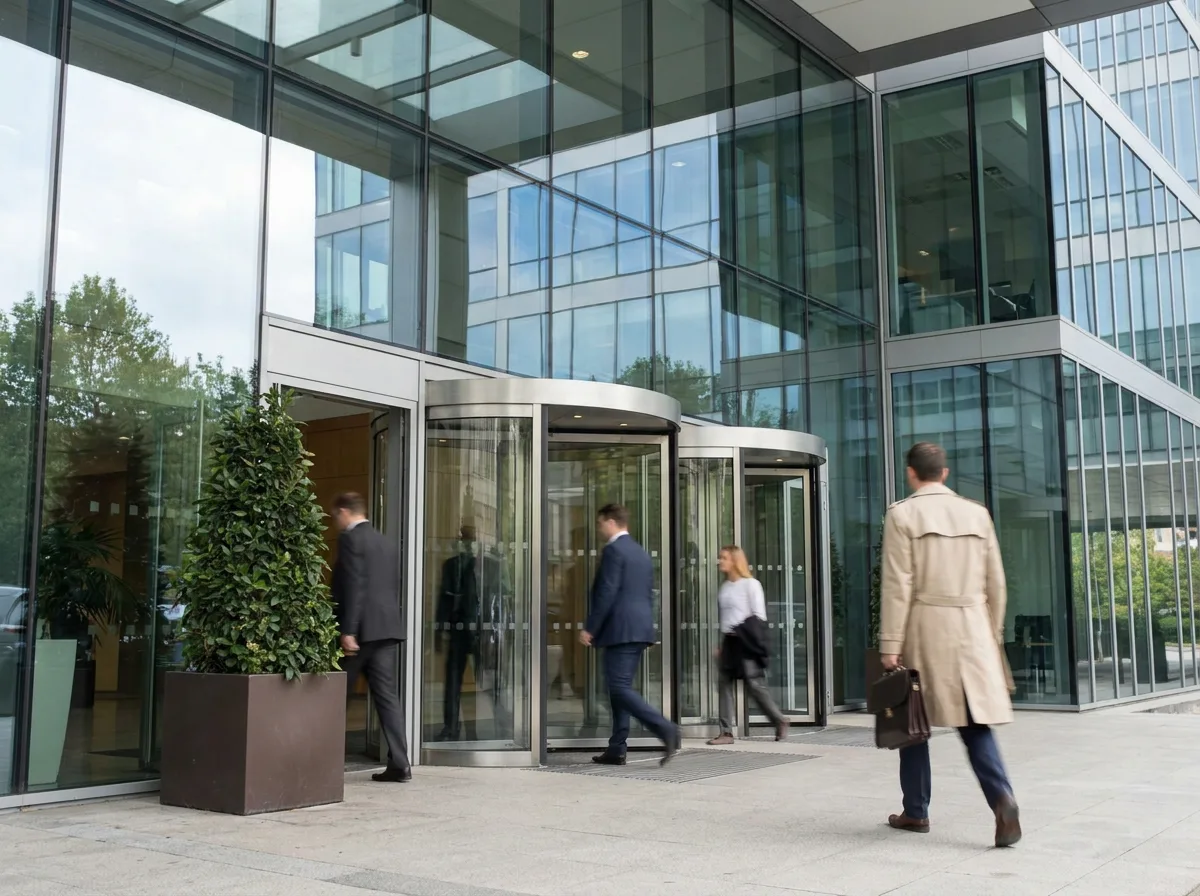Modern glass office building entrance with professionals walking in and out during daytime