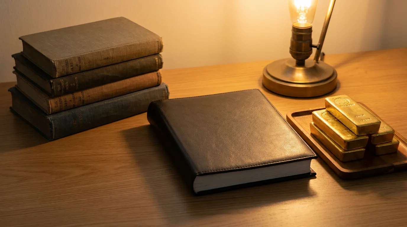 Wooden desk with closed bound report, stacked reference books, and gold bullion bars under warm lighting