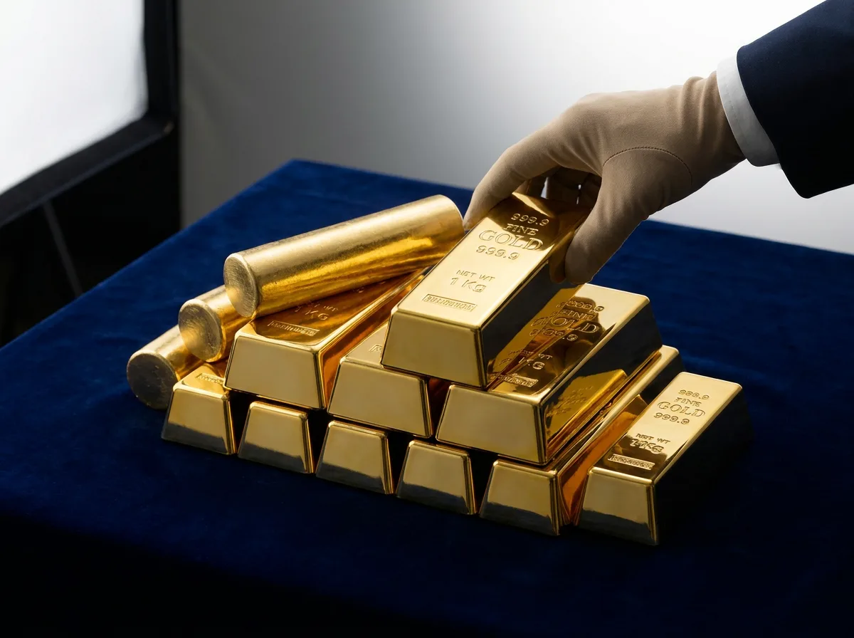 Gold bars and cylindrical ingots stacked on dark velvet under studio lighting