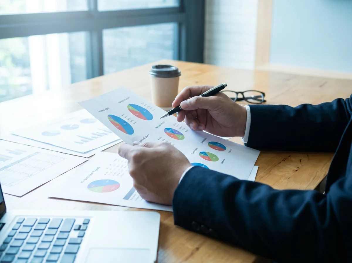 Hands reviewing financial documents with pie charts and percentage data on a conference table in natural light