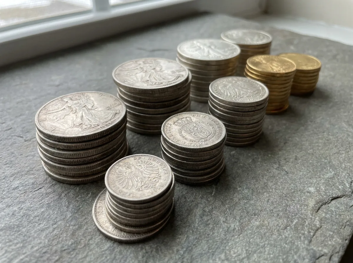 Stacked silver and gold coins with engraved details on gray surface