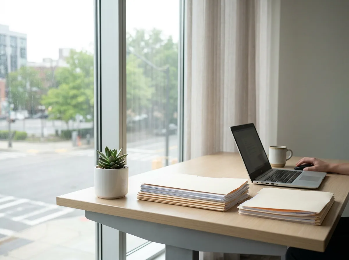 Modern office desk with stacked documents, laptop, and potted plant by window