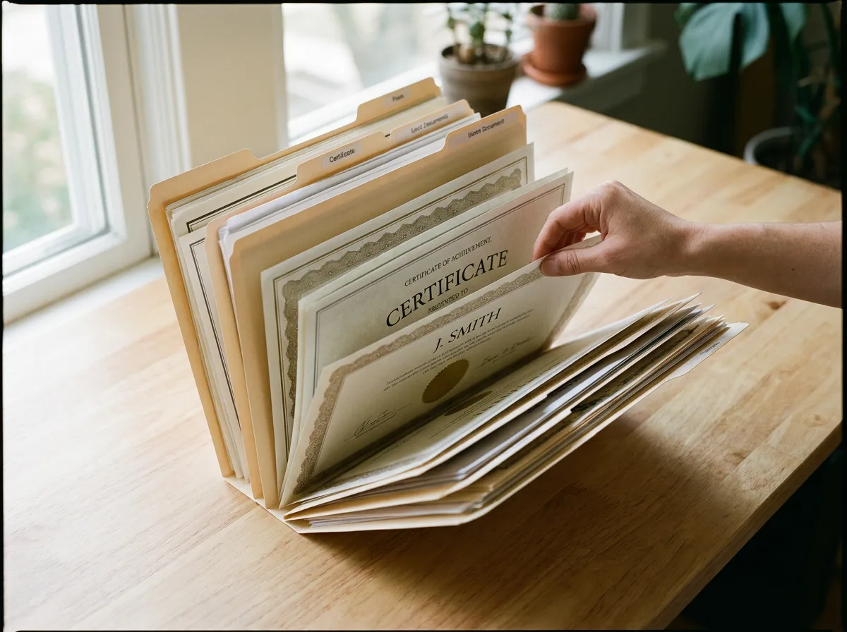 Neatly organized folder with stacked certificates and documents on wooden desk with natural daylight