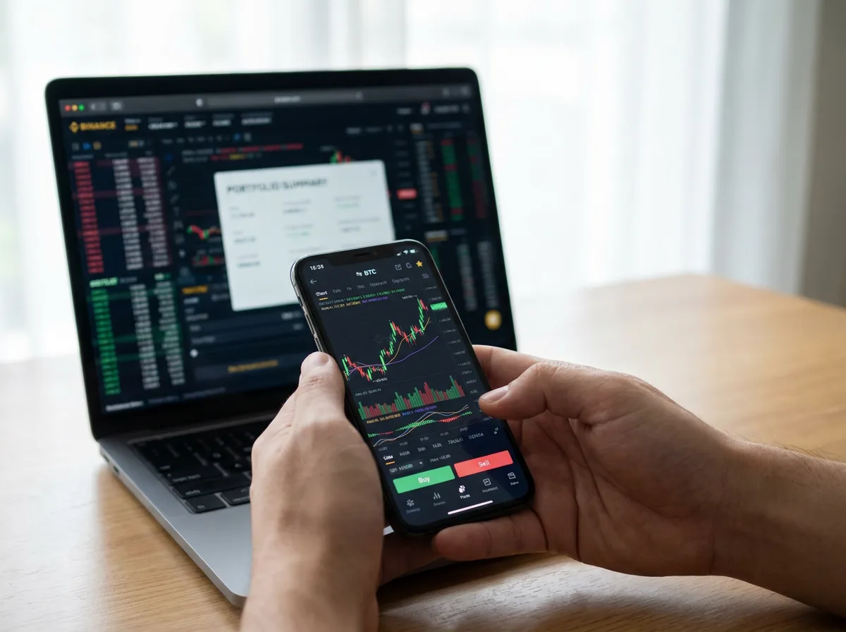 Hands holding smartphone with cryptocurrency price charts, laptop trading dashboard blurred behind