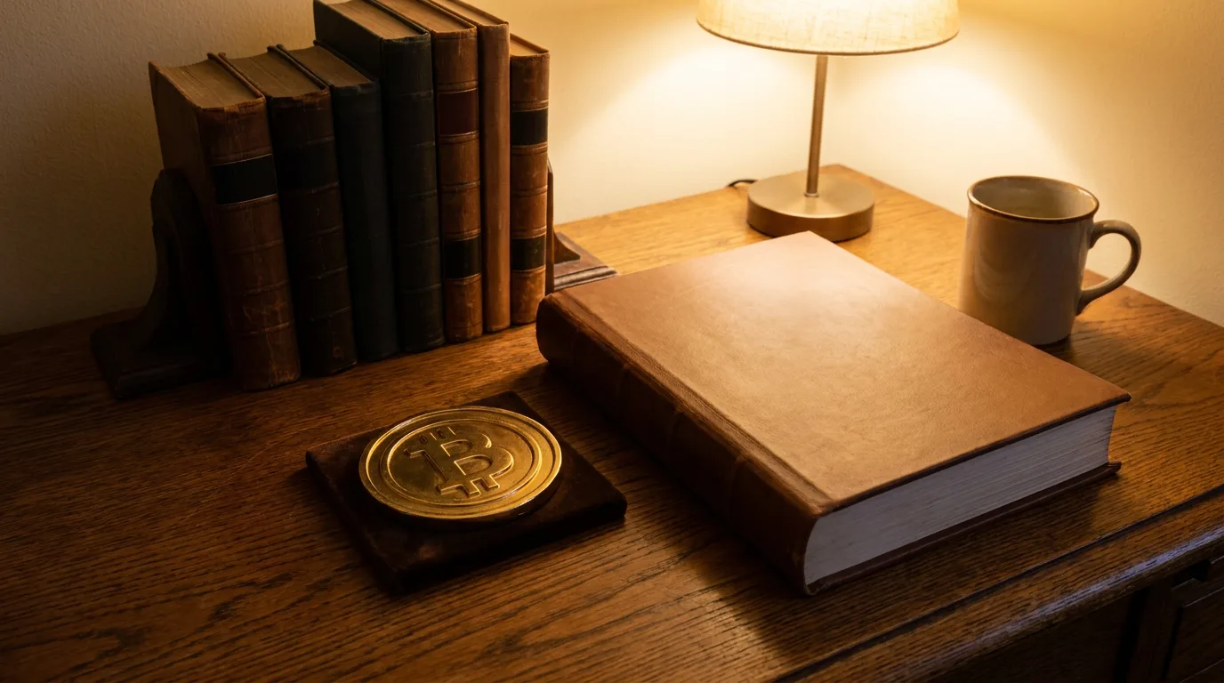 Wooden desk with bound appraisal report, reference books, and gold-colored cryptocurrency coin under warm lighting