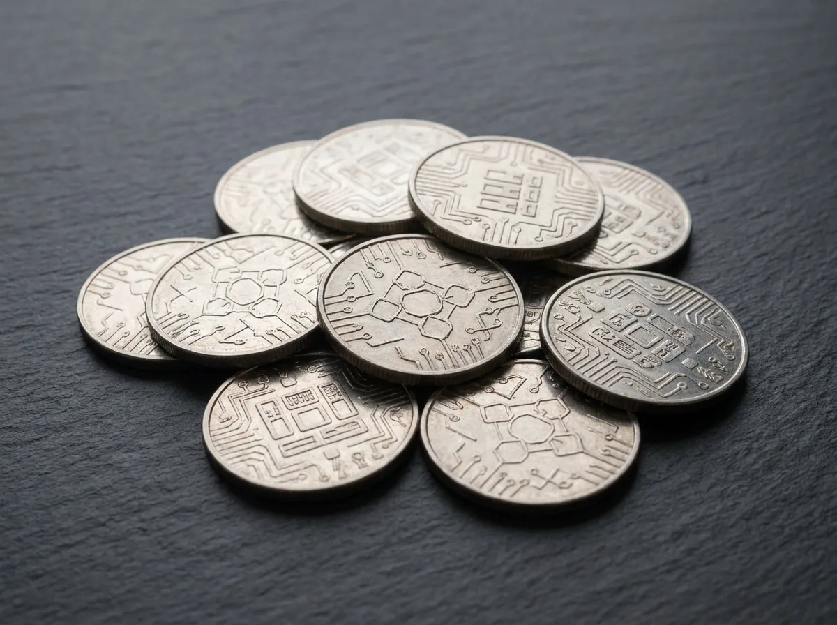 Scattered physical coins with cryptocurrency symbols on dark surface
