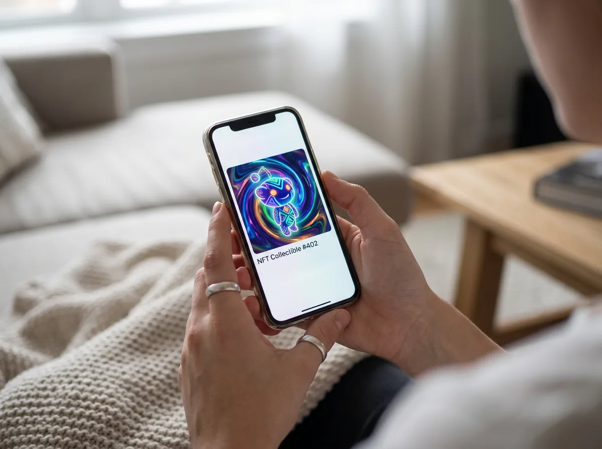 Hands holding smartphone displaying colorful digital art collectible with soft indoor lighting