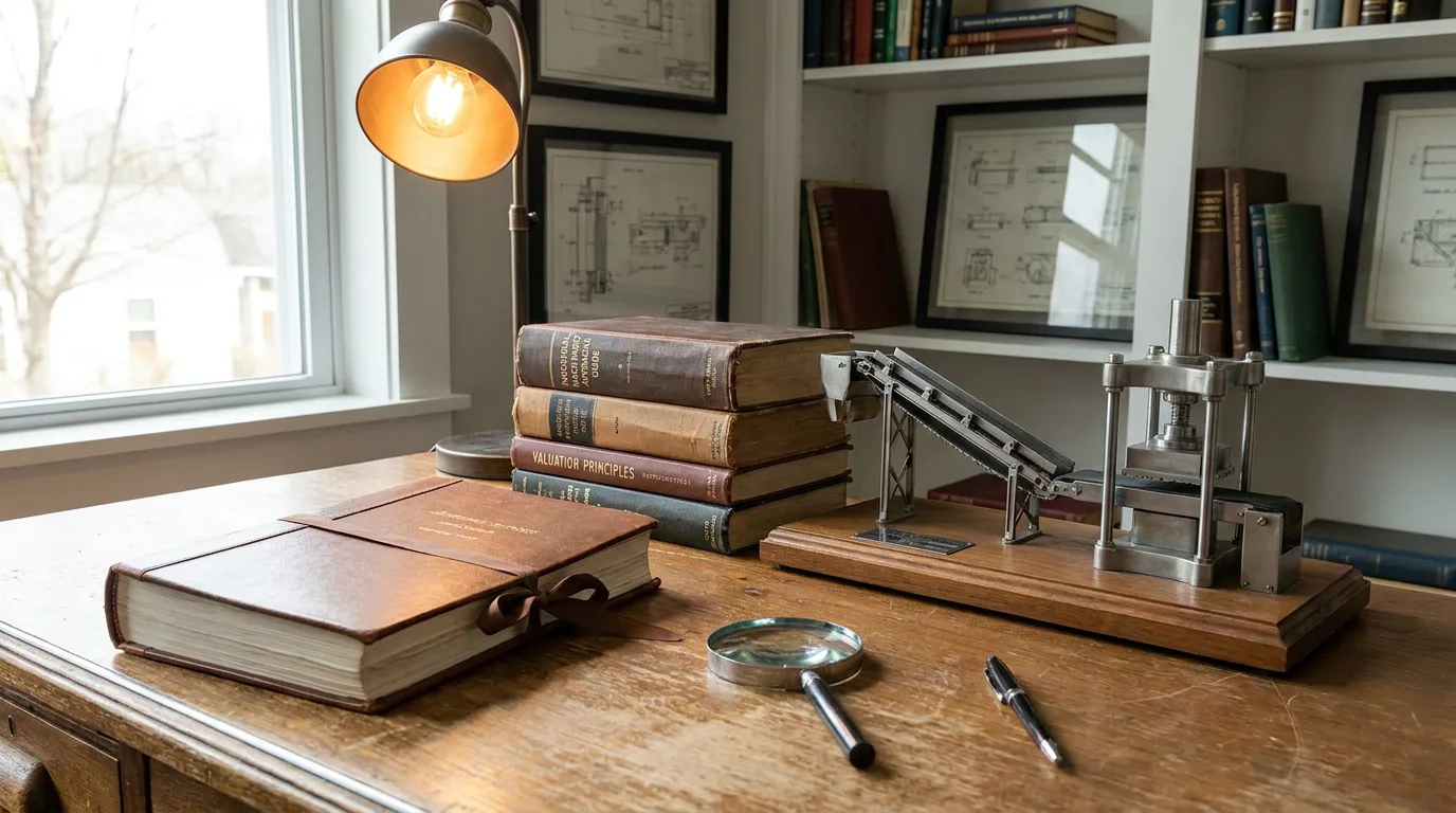 Appraiser's desk with bound report, reference books, and industrial machinery scale model