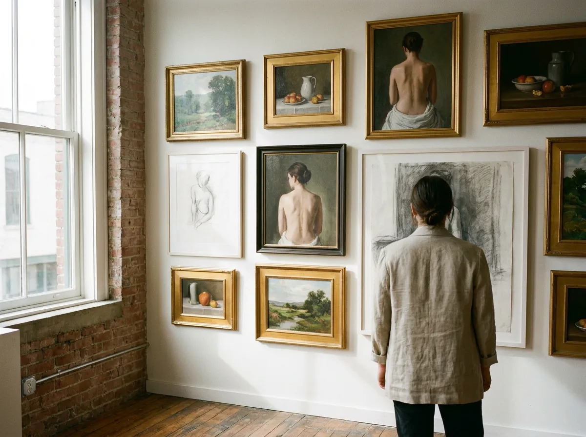 Gallery wall with framed paintings and matted artworks lit by natural daylight
