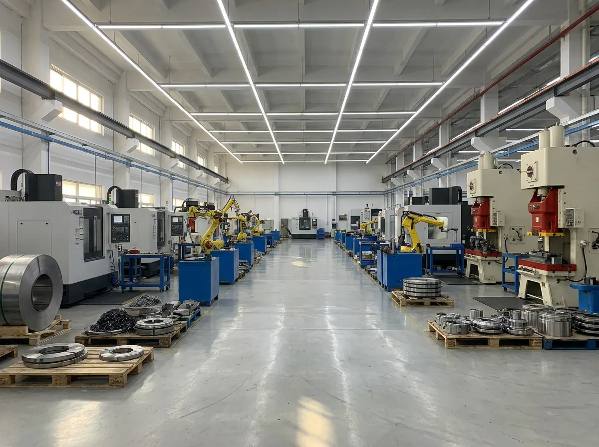 Modern factory floor with industrial machinery and bright overhead lighting