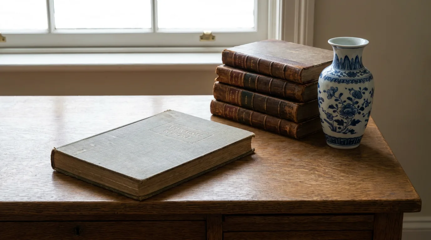 Wooden desk with bound appraisal report, stacked reference books, and antique porcelain vase in warm light