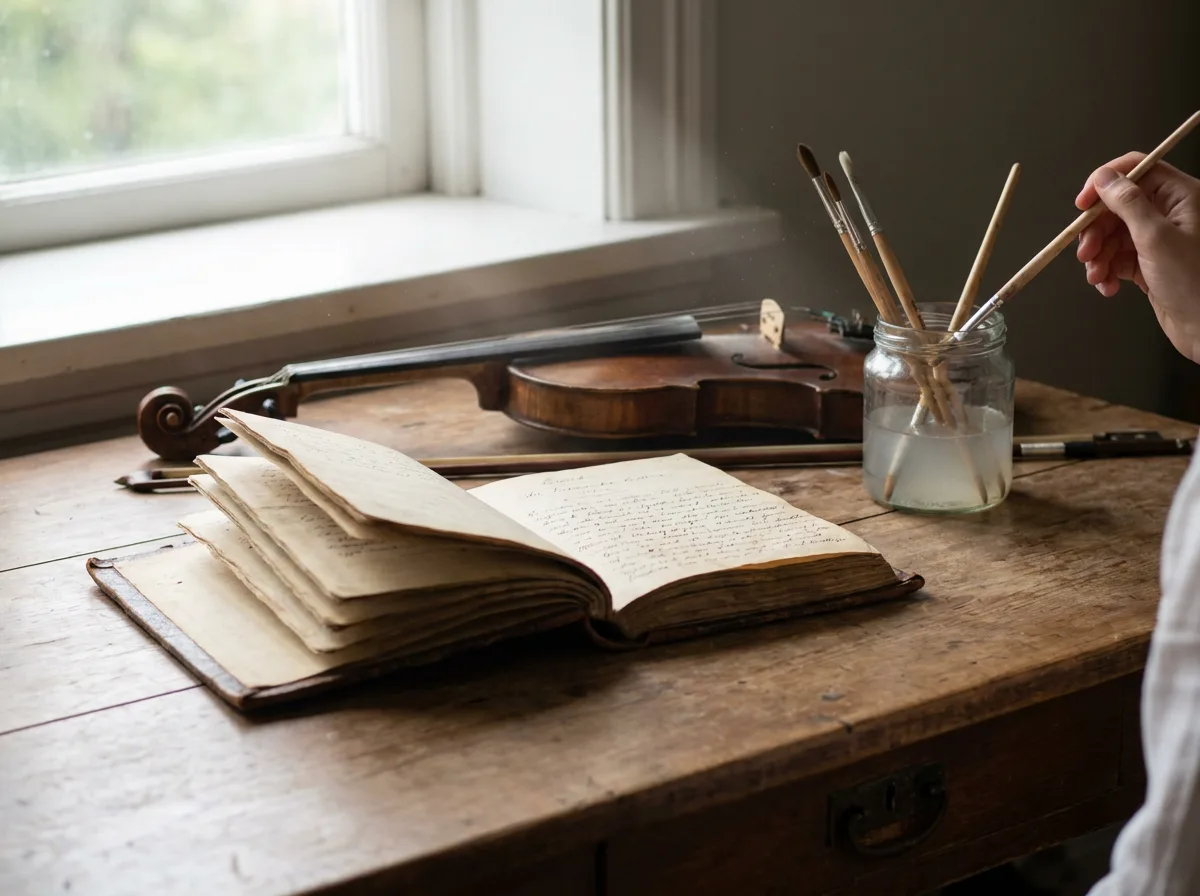 Wooden desk with open antique book, violin, and paintbrush in water jar in natural light