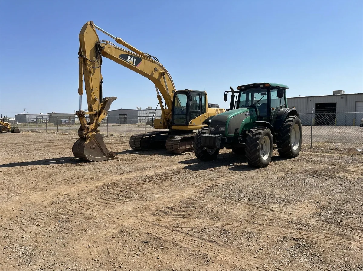 Yellow excavator and green tractor parked side by side on dirt lot