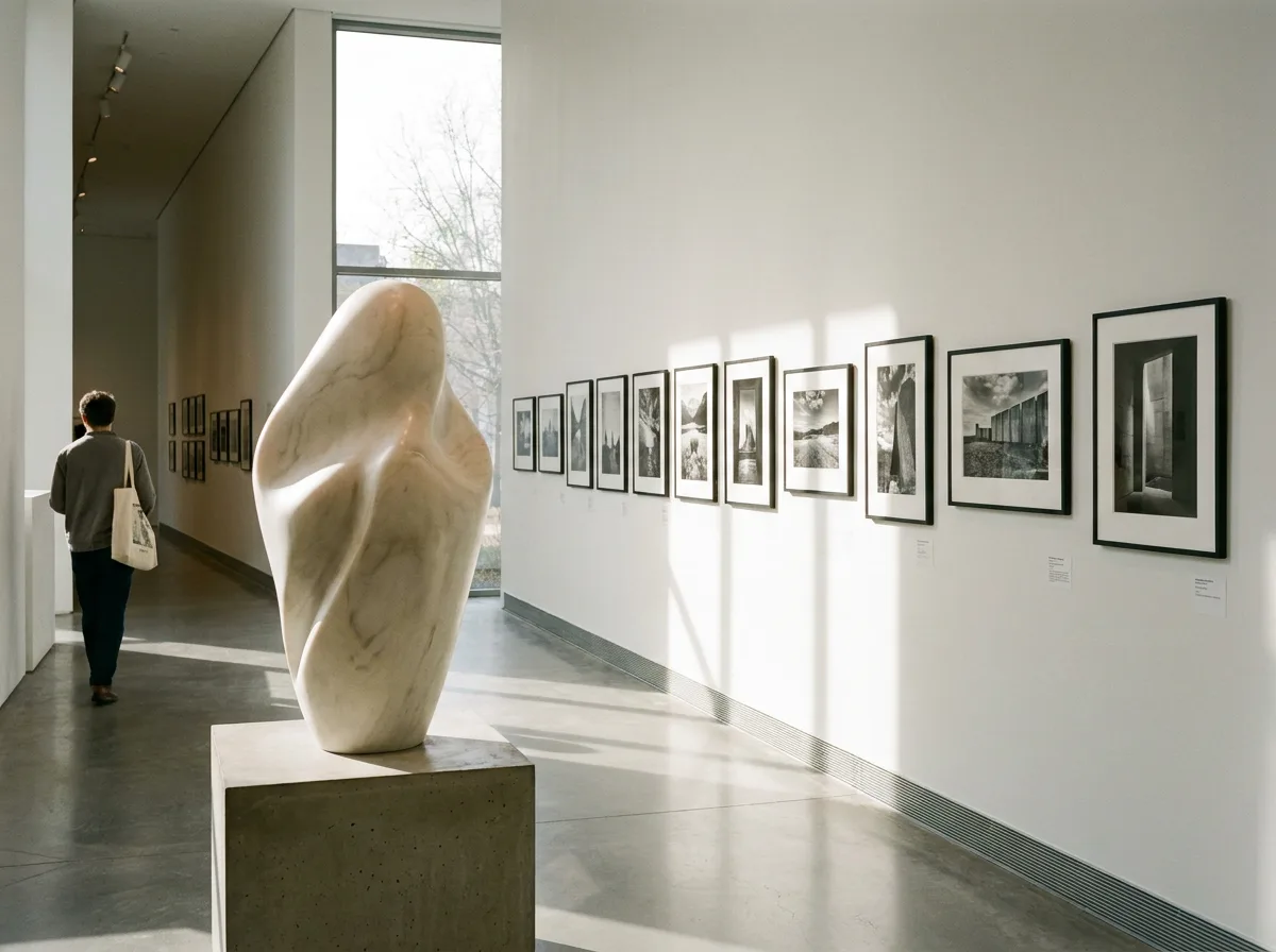 Sunlit gallery corridor with abstract stone sculpture on pedestal and framed black-and-white photographs on wall