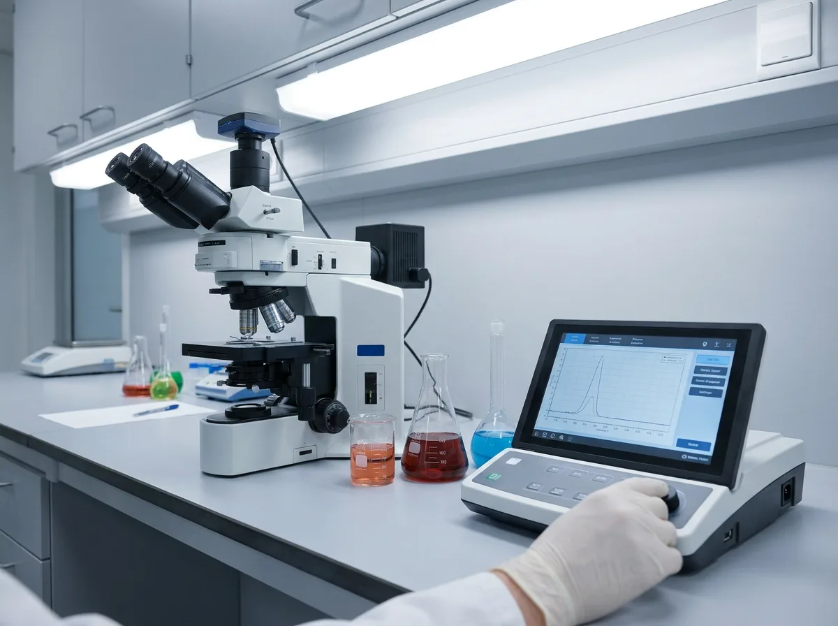 Laboratory workstation with microscope, glass beakers, and digital analyzer under bright lighting