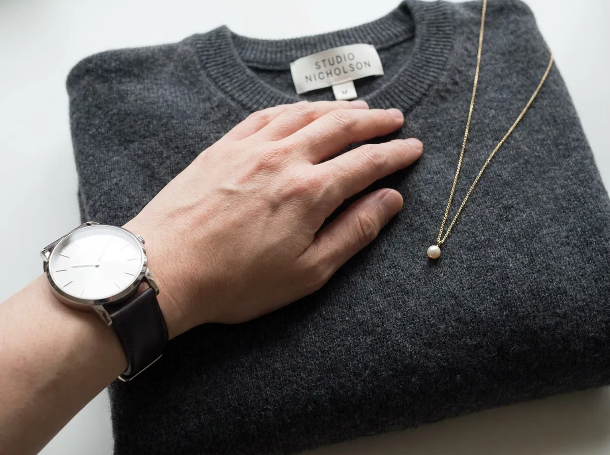 Hand wearing wristwatch resting on folded designer garment next to necklace
