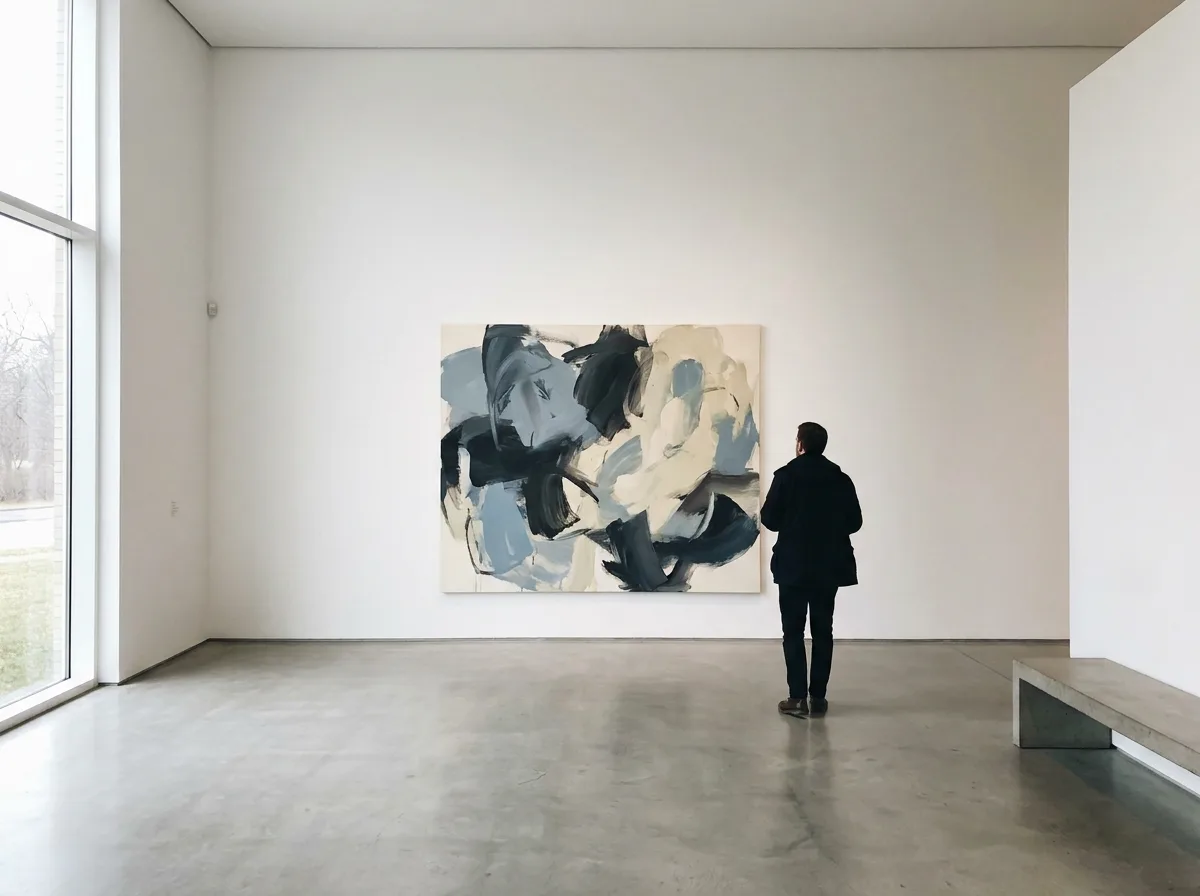 Contemporary abstract painting displayed on white gallery wall with natural lighting