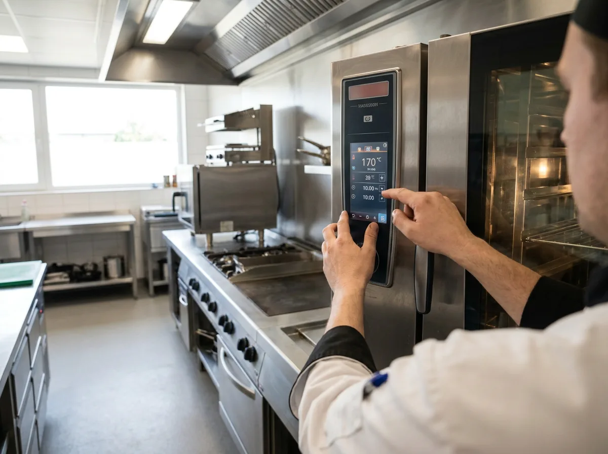 Chef's hands operating digital touchscreen on commercial oven in modern stainless steel kitchen