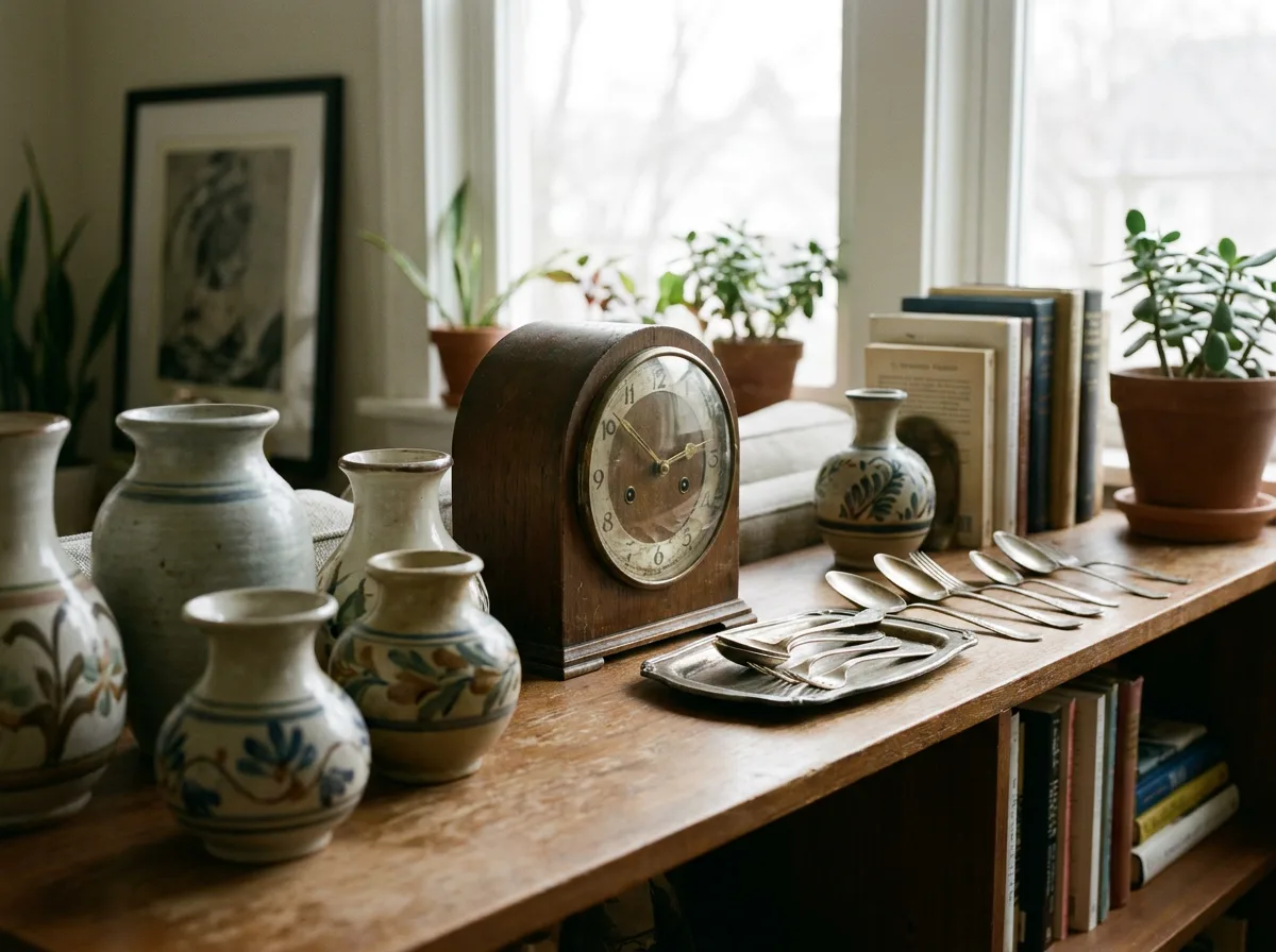 Vintage ceramic vases, wooden clock, and silverware arranged on living room shelf