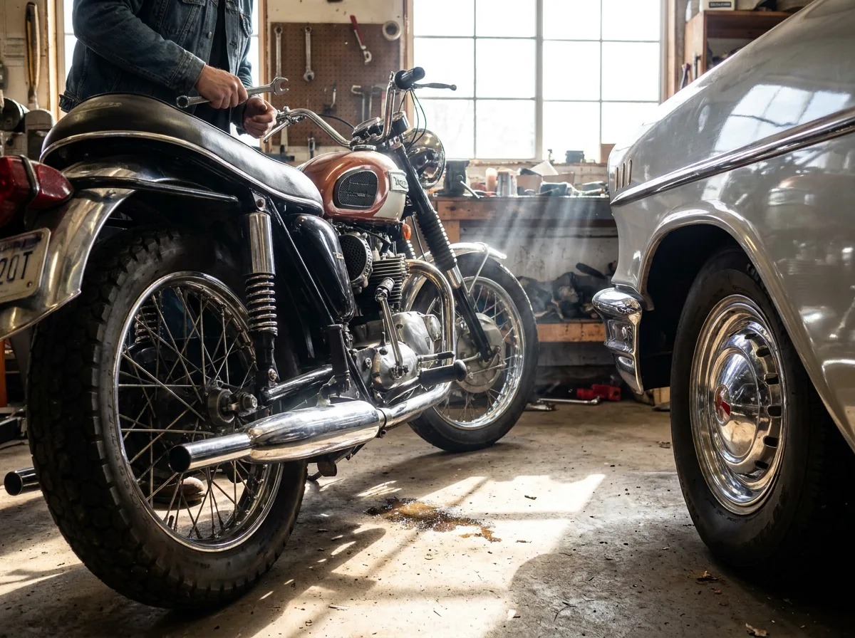 Classic motorcycle and vintage car parked in sunlit garage with chrome details visible