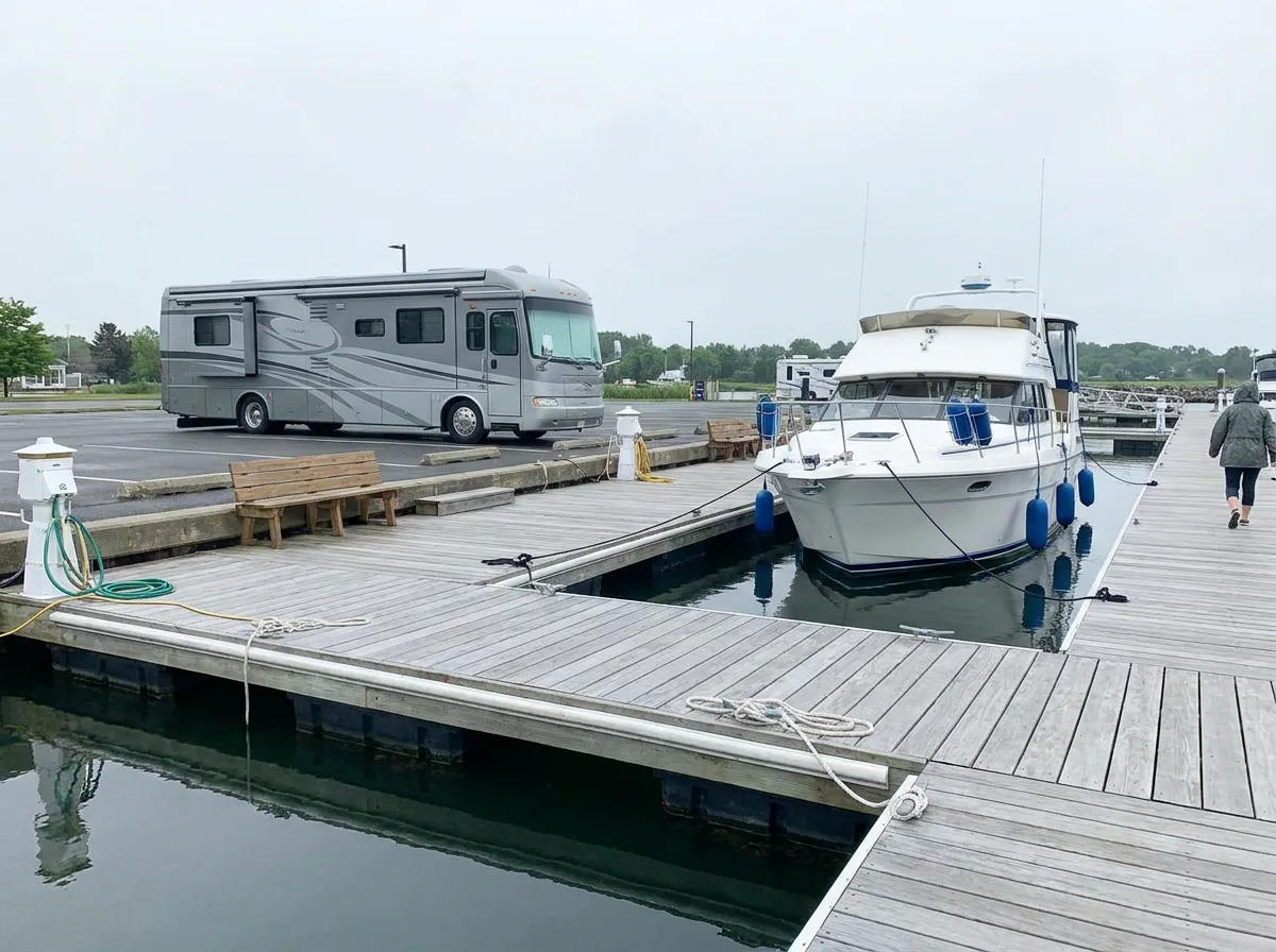 Marina dock with parked RV and docked motorboat under overcast sky