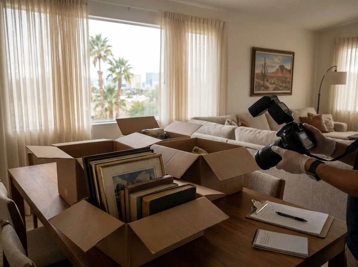 Person photographing household items and artwork on table for charitable donation appraisal