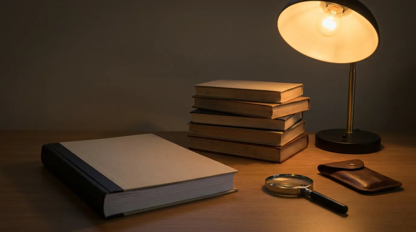 Professional appraiser's desk with bound report and reference books under warm lamp light