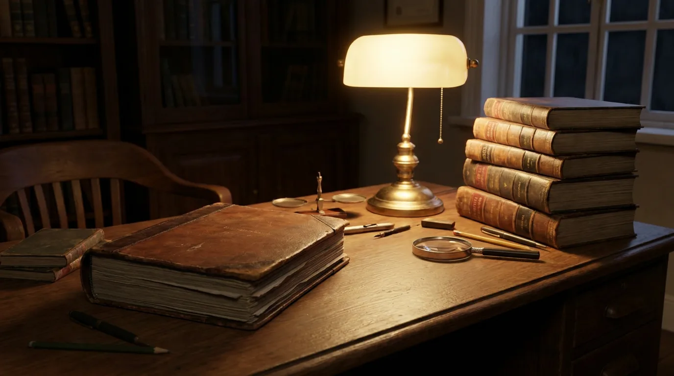 Wooden desk with closed bound report and stacked reference books under warm lamp light